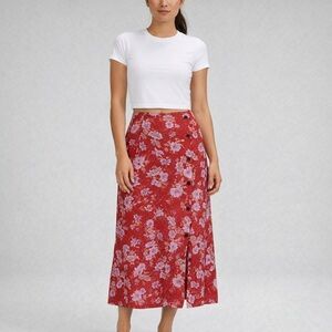 Free People Rust Floral Off-Center Front Buttons, High Slit Midi Skirt, size 0